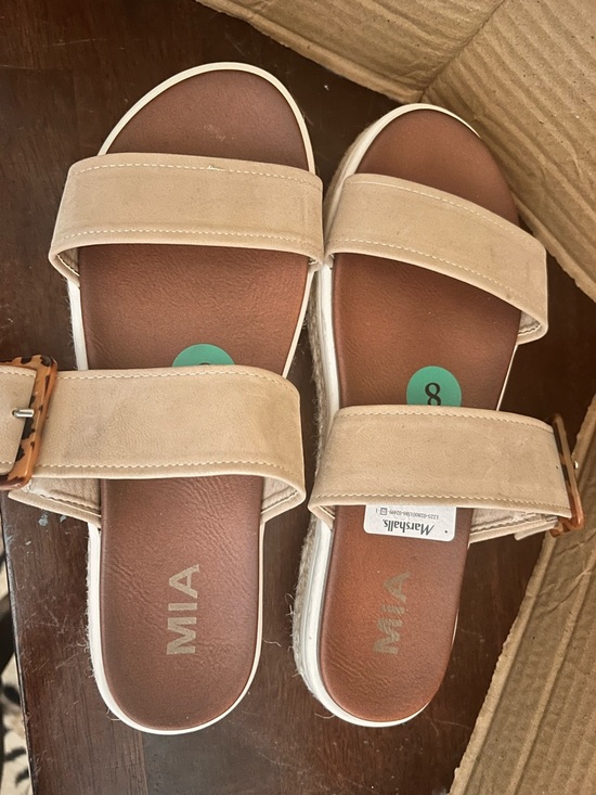 MIA Shoes - MIA Tan Double-Strap Slide Sandals with Buckle Accent